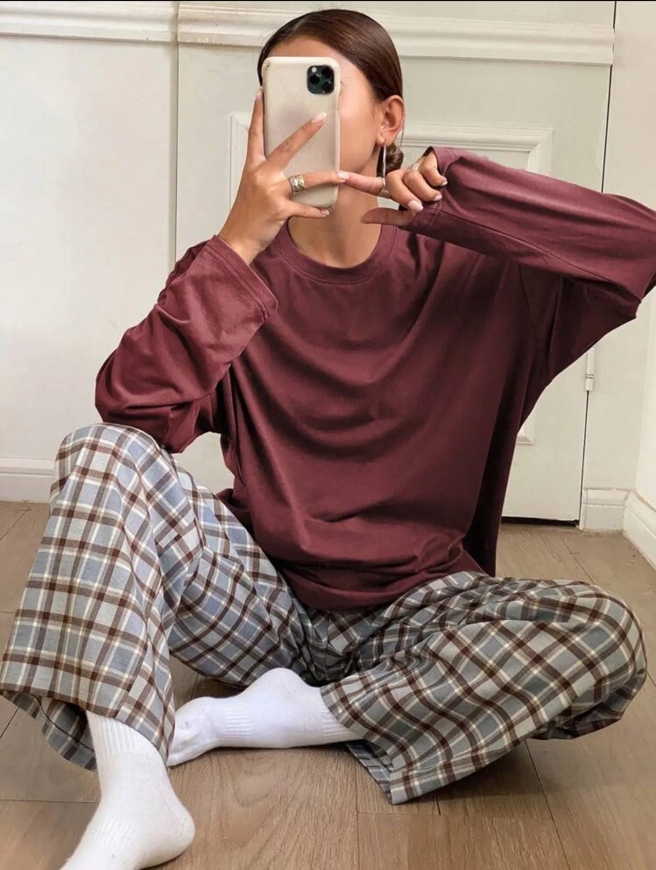 2 Piece Plaid Pants and Solid Top Pajama Lounge Set