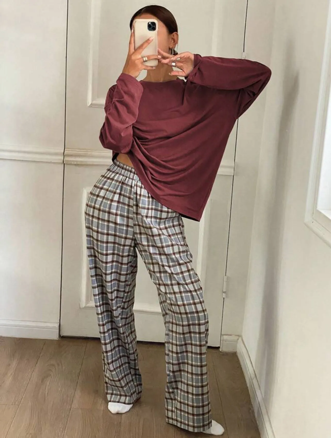 2 Piece Plaid Pants and Solid Top Pajama Lounge Set