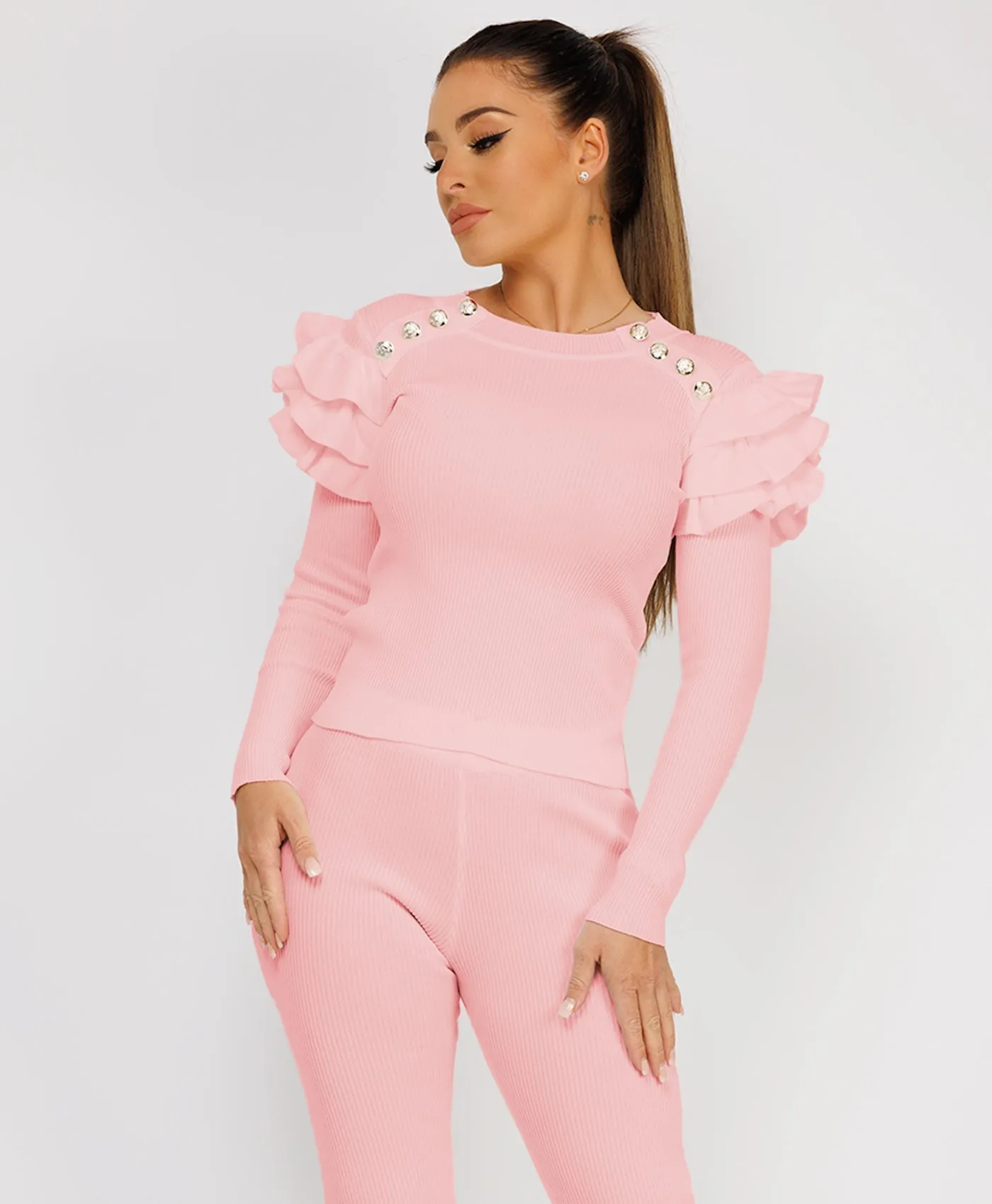 Baby Pink Ribbed Knitted Ruffle Button Loungewear Set