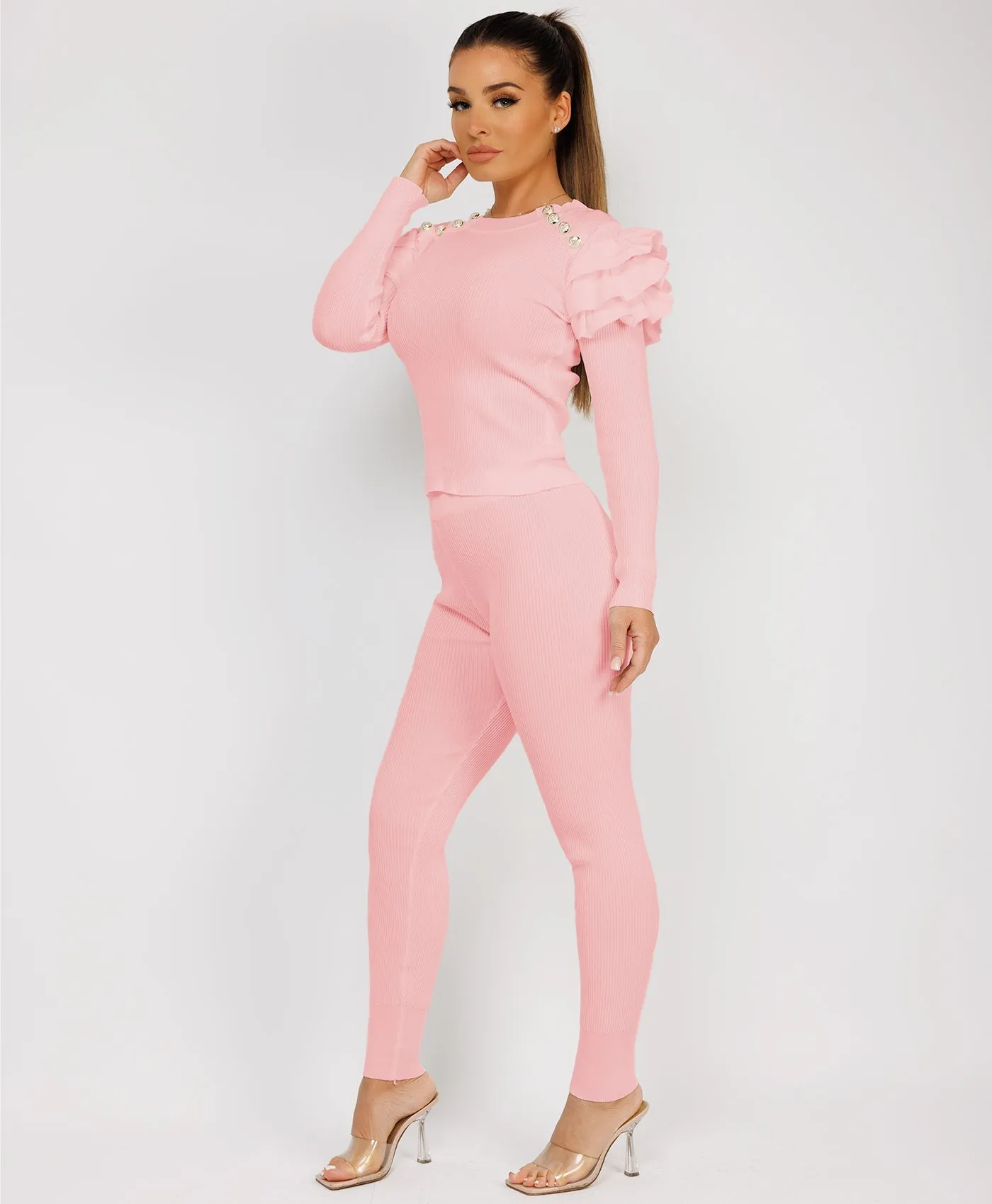 Baby Pink Ribbed Knitted Ruffle Button Loungewear Set