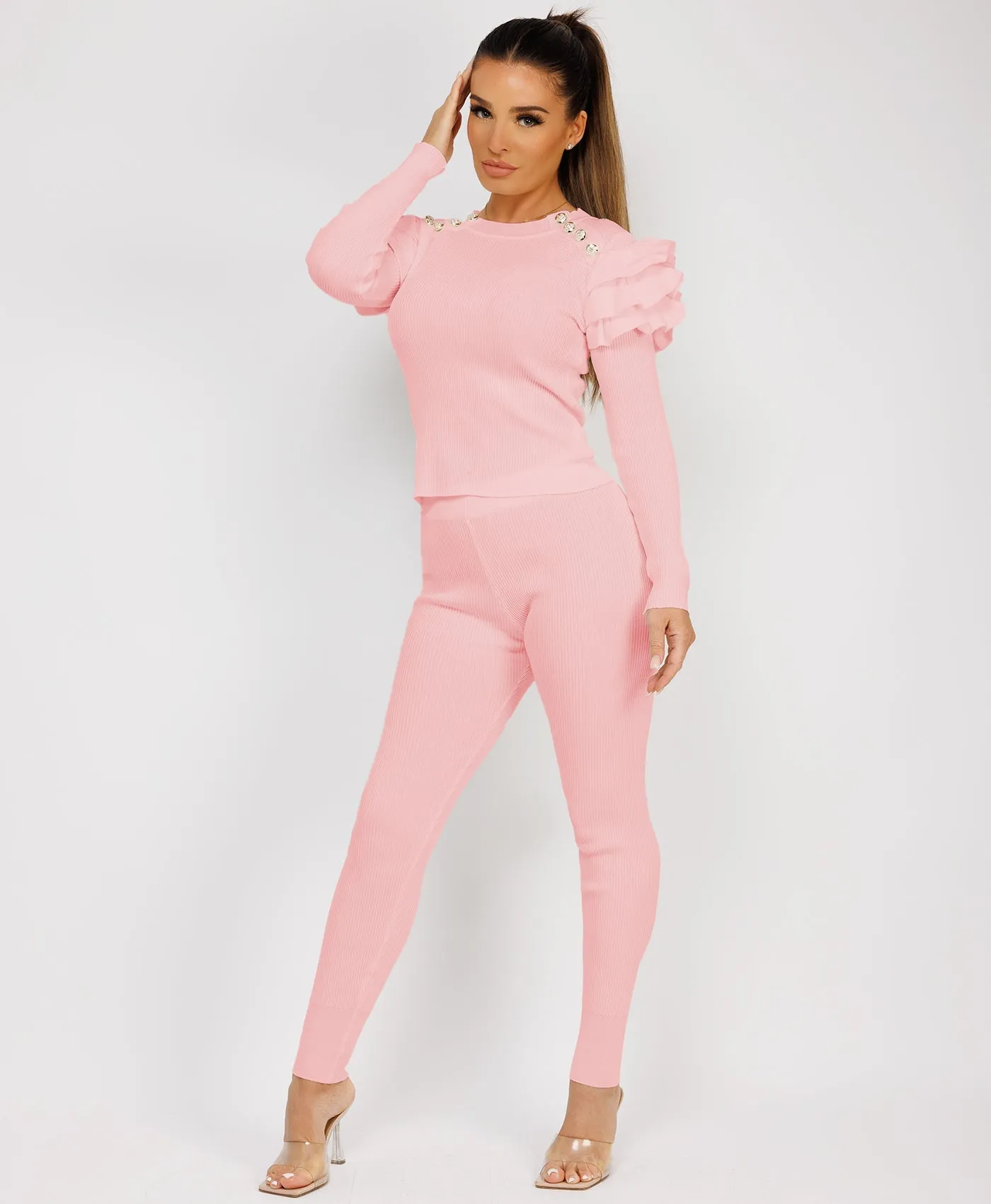 Baby Pink Ribbed Knitted Ruffle Button Loungewear Set