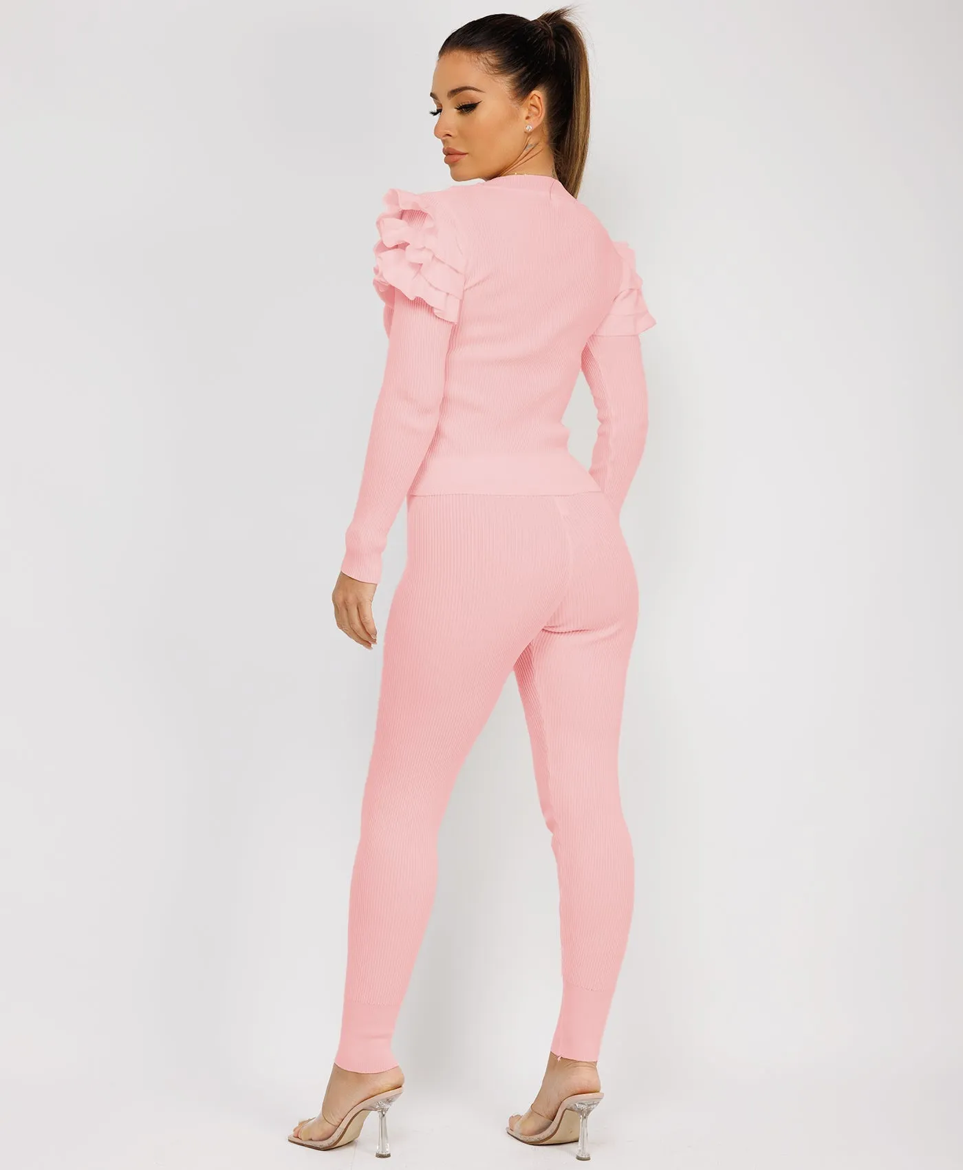 Baby Pink Ribbed Knitted Ruffle Button Loungewear Set