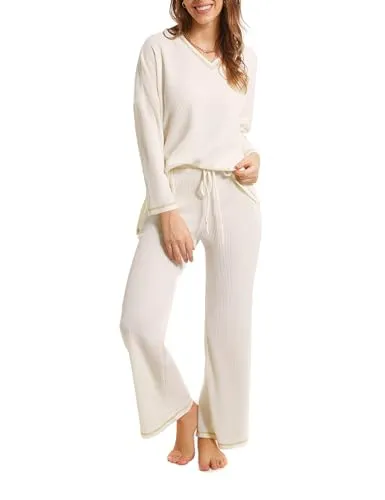 Becotal Lounge Sets for Women Waffle Knit Pajamas Set 2 Piece V Neck Top and Long Pant Cozy Sleepwear Loungewear Pjs Set Beige