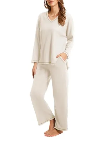 Becotal Lounge Sets for Women Waffle Knit Pajamas Set 2 Piece V Neck Top and Long Pant Cozy Sleepwear Loungewear Pjs Set Beige