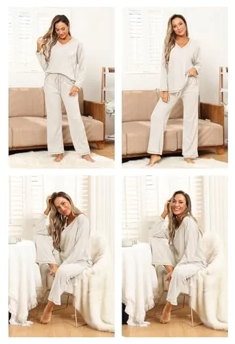 Becotal Lounge Sets for Women Waffle Knit Pajamas Set 2 Piece V Neck Top and Long Pant Cozy Sleepwear Loungewear Pjs Set Beige