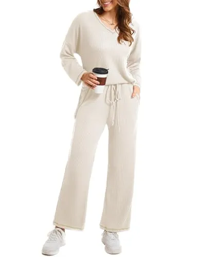 Becotal Lounge Sets for Women Waffle Knit Pajamas Set 2 Piece V Neck Top and Long Pant Cozy Sleepwear Loungewear Pjs Set Beige