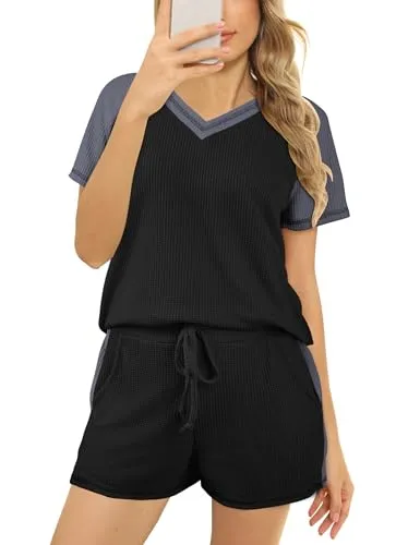 Becotal Womens Pajama Sets Waffle Knit Loungewear Set 2 Piece Short Lounge Set Cute Sleep Loungewear Pjs Set Short Sleeve Top and Shorts Black S