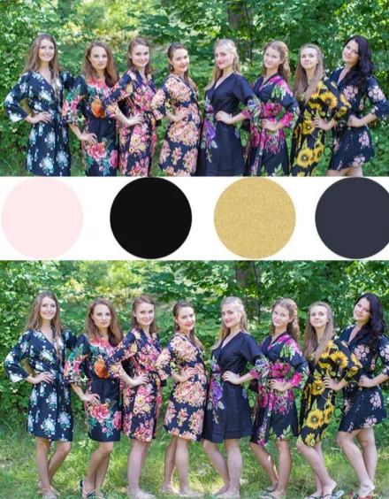 Black and Gold Wedding Colors Bridesmaids Robes, Kimono Robes