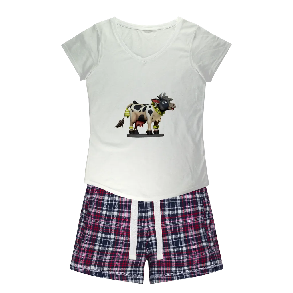 Black and White Cow Women's Sleepy Tee and Flannel Short