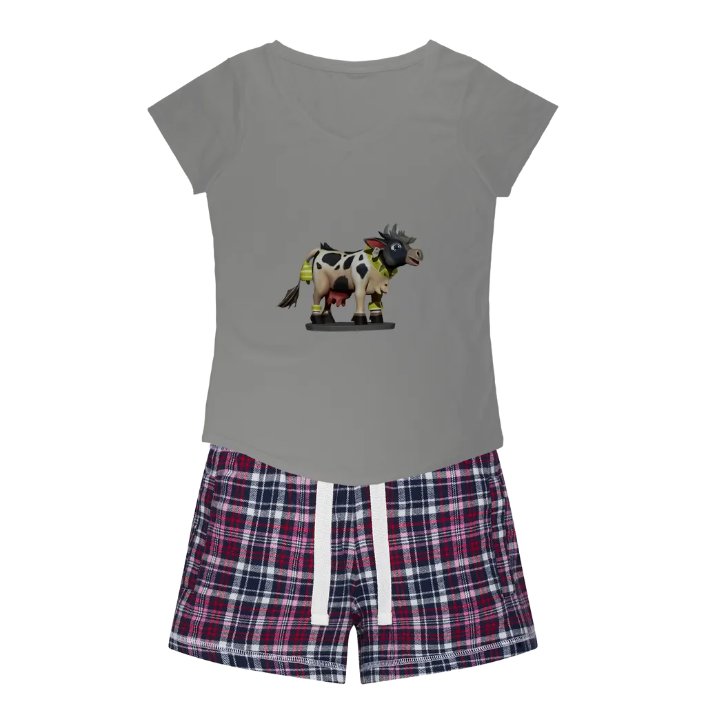 Black and White Cow Women's Sleepy Tee and Flannel Short