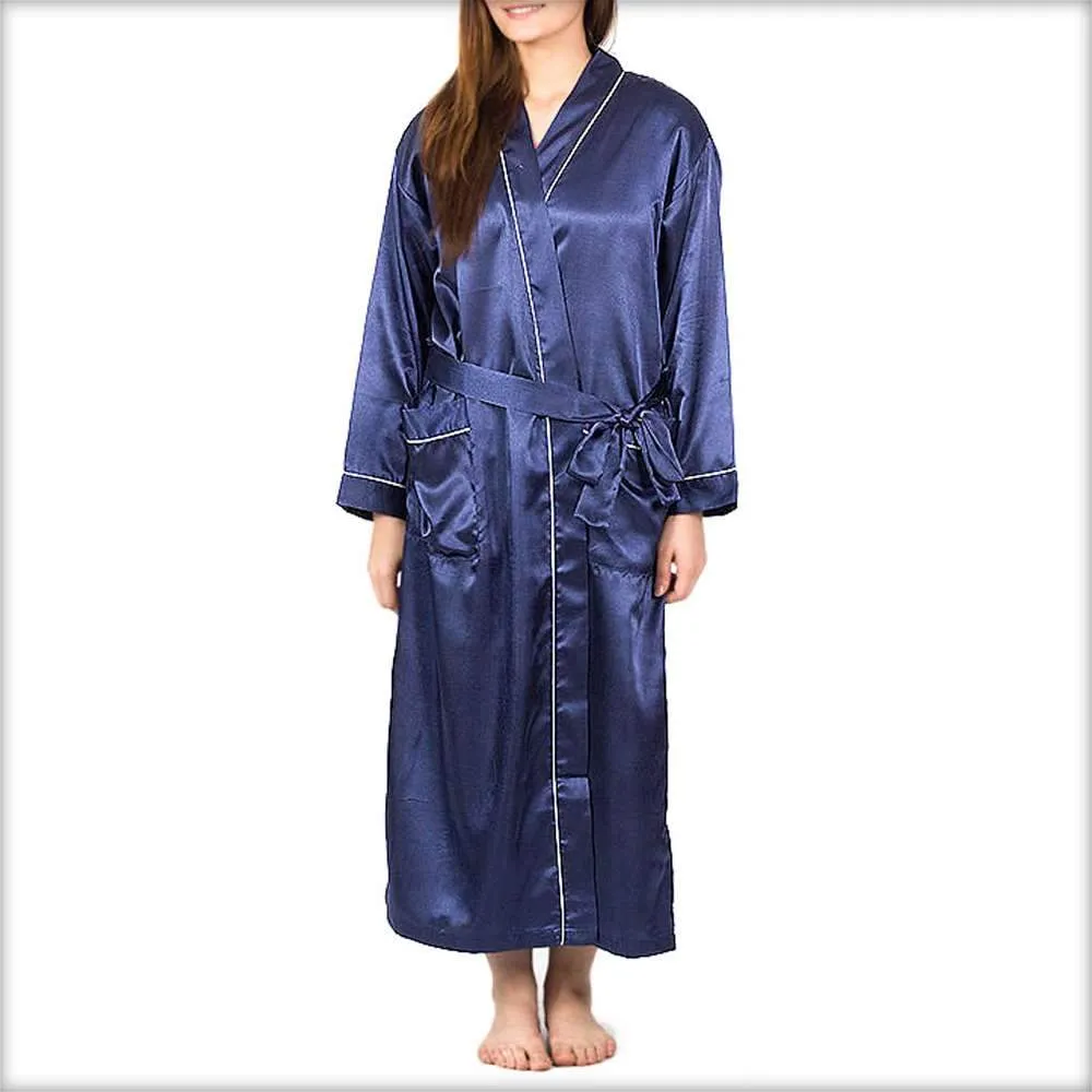 Blue Solid Satin Long Night Gown