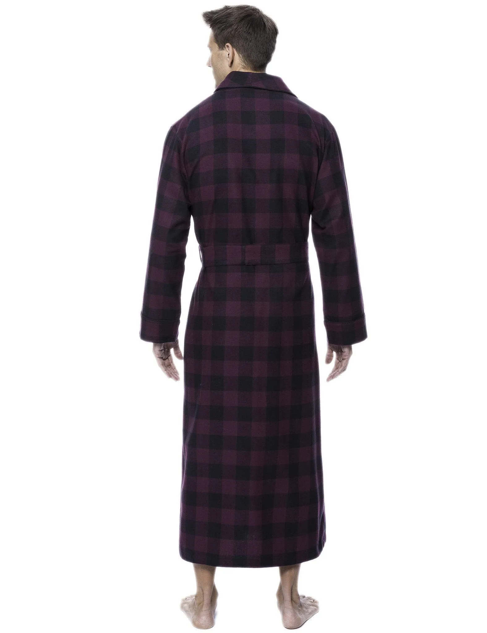 Box Packaged Men's Premium 100% Cotton Flannel Long Robe - Gingham Fig/Black