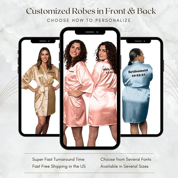 Bridesmaid Robe Set of 3, Personalized Robes in Front & Back, 26 Colors, 3T-6XL