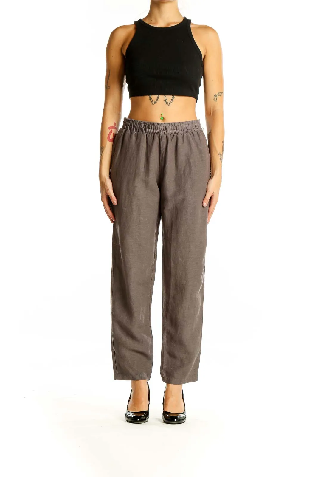 Brown Cotton-Linen Blend Relaxed Pants