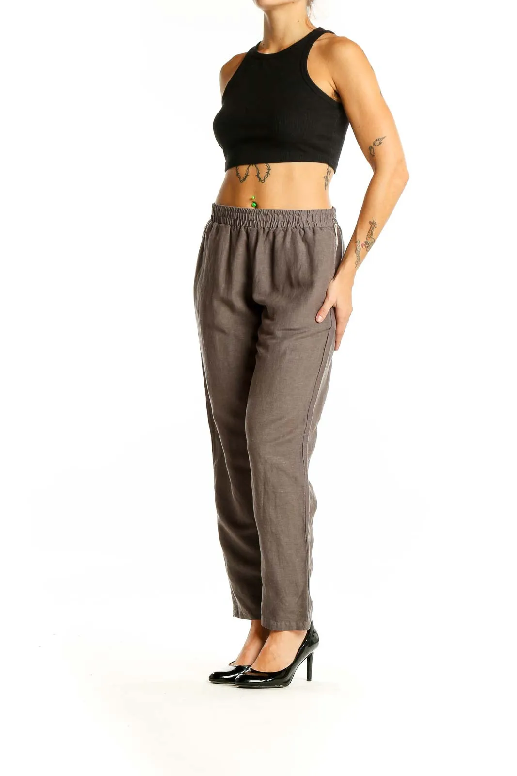 Brown Cotton-Linen Blend Relaxed Pants