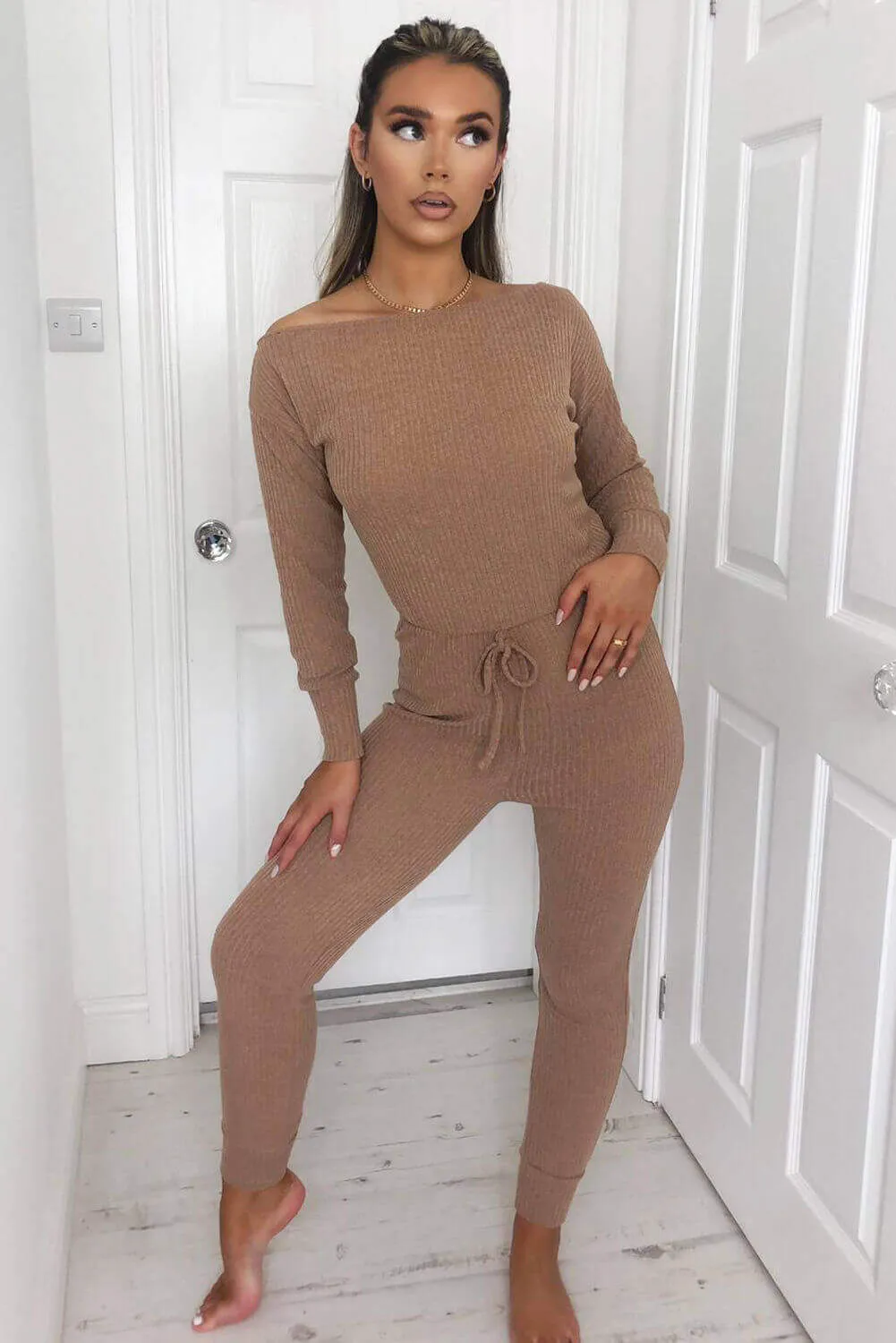 Camel Knitted Long Sleeve Jumpsuit