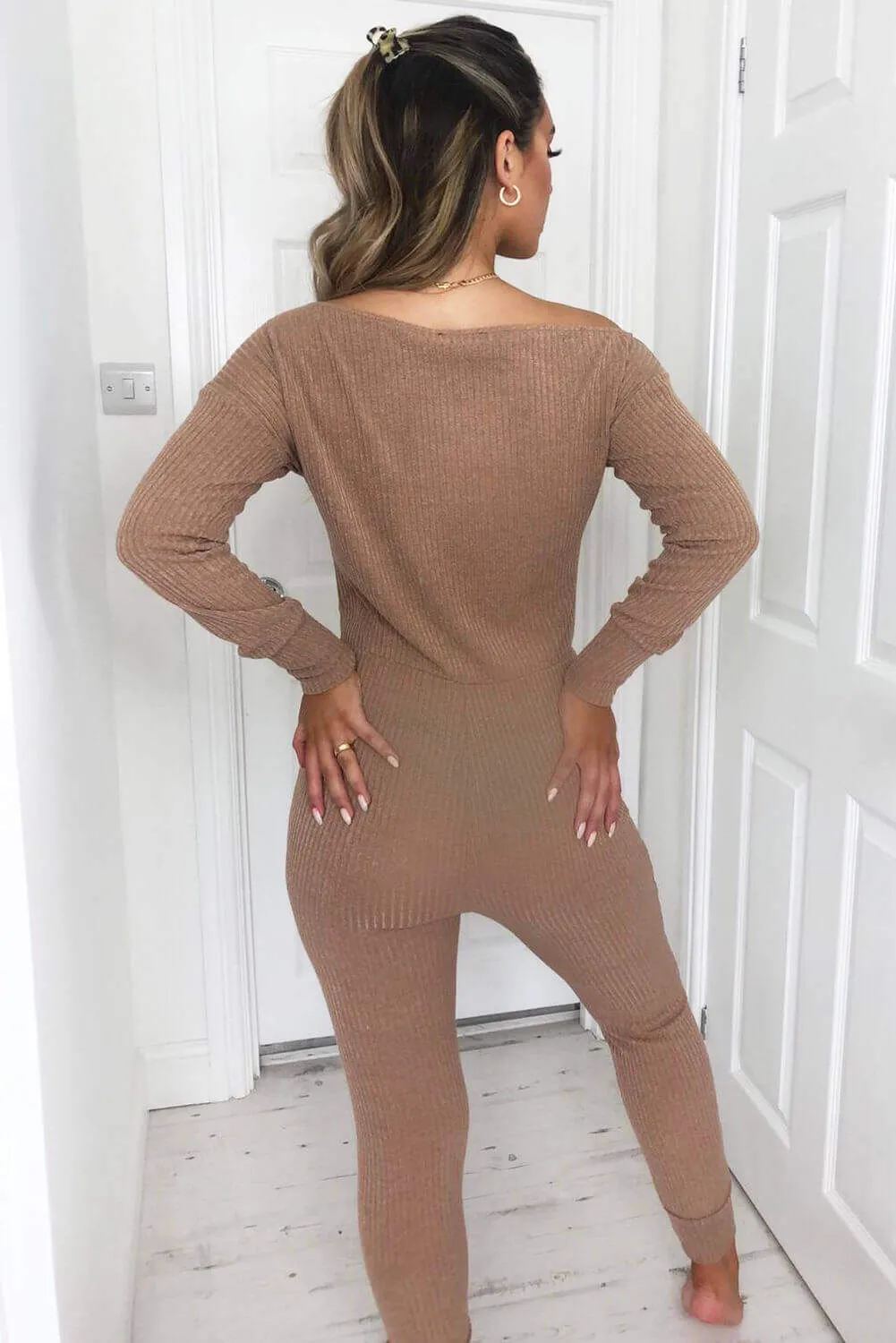 Camel Knitted Long Sleeve Jumpsuit