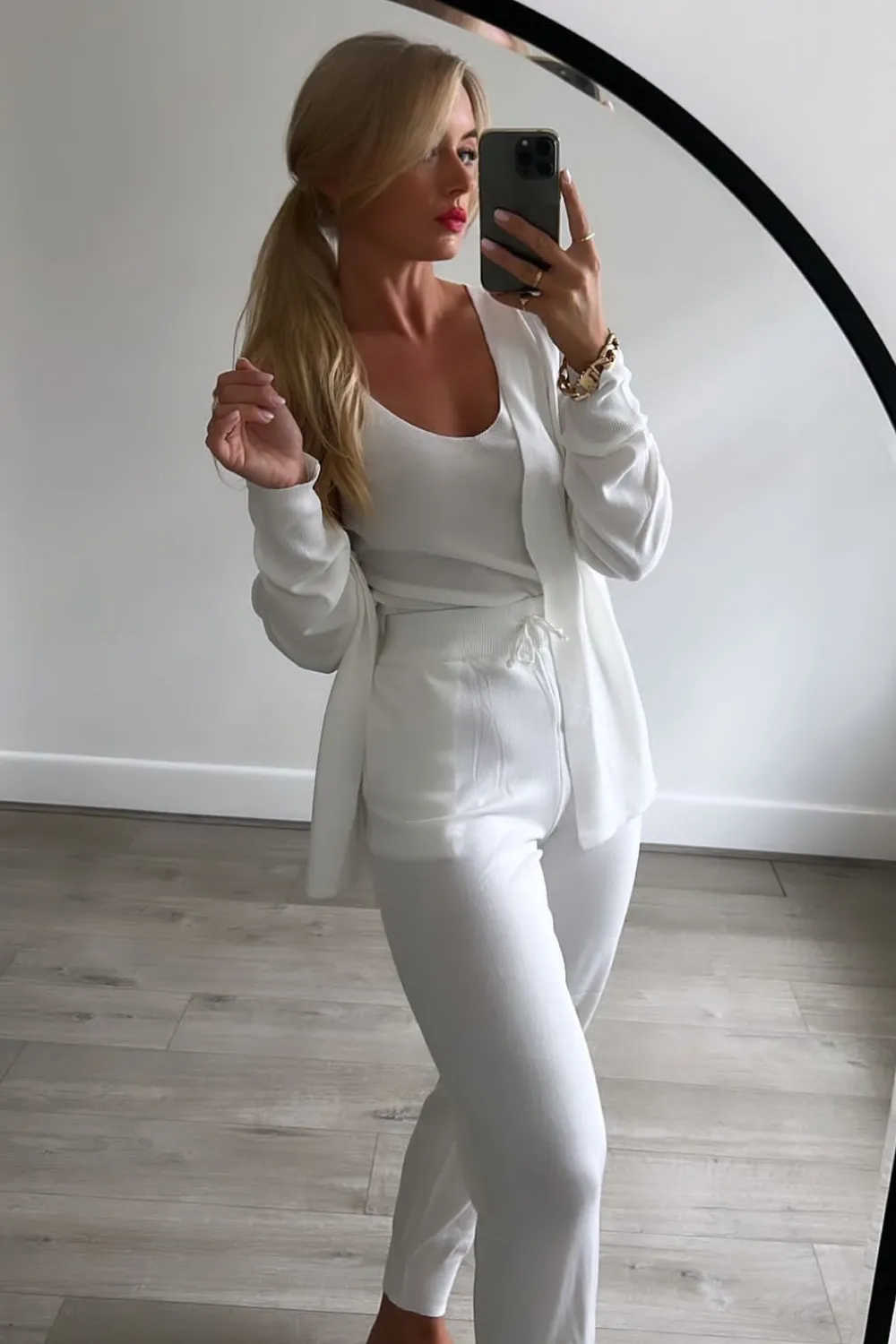 Chloe white 3 piece knitted cardigan loungewear set