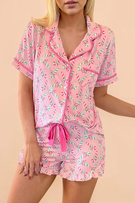 Christmas Candy Cane Print Knotted Pajama Set  - Online Exclusive