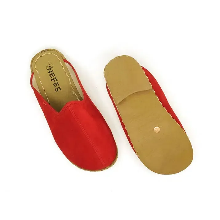 Closed Toe Leather Women's Slippers Red