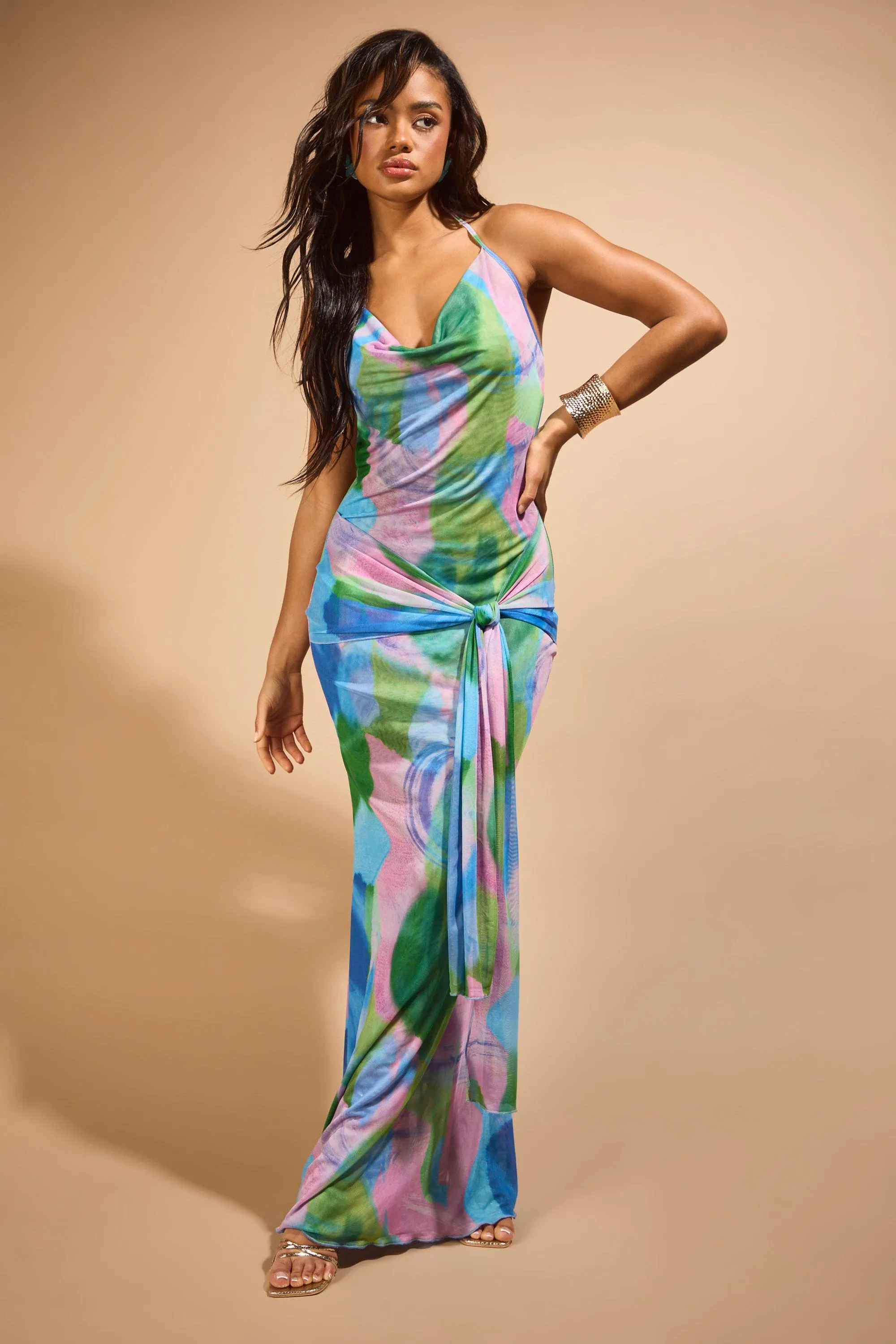 Cowl Neck Print Maxi Dress