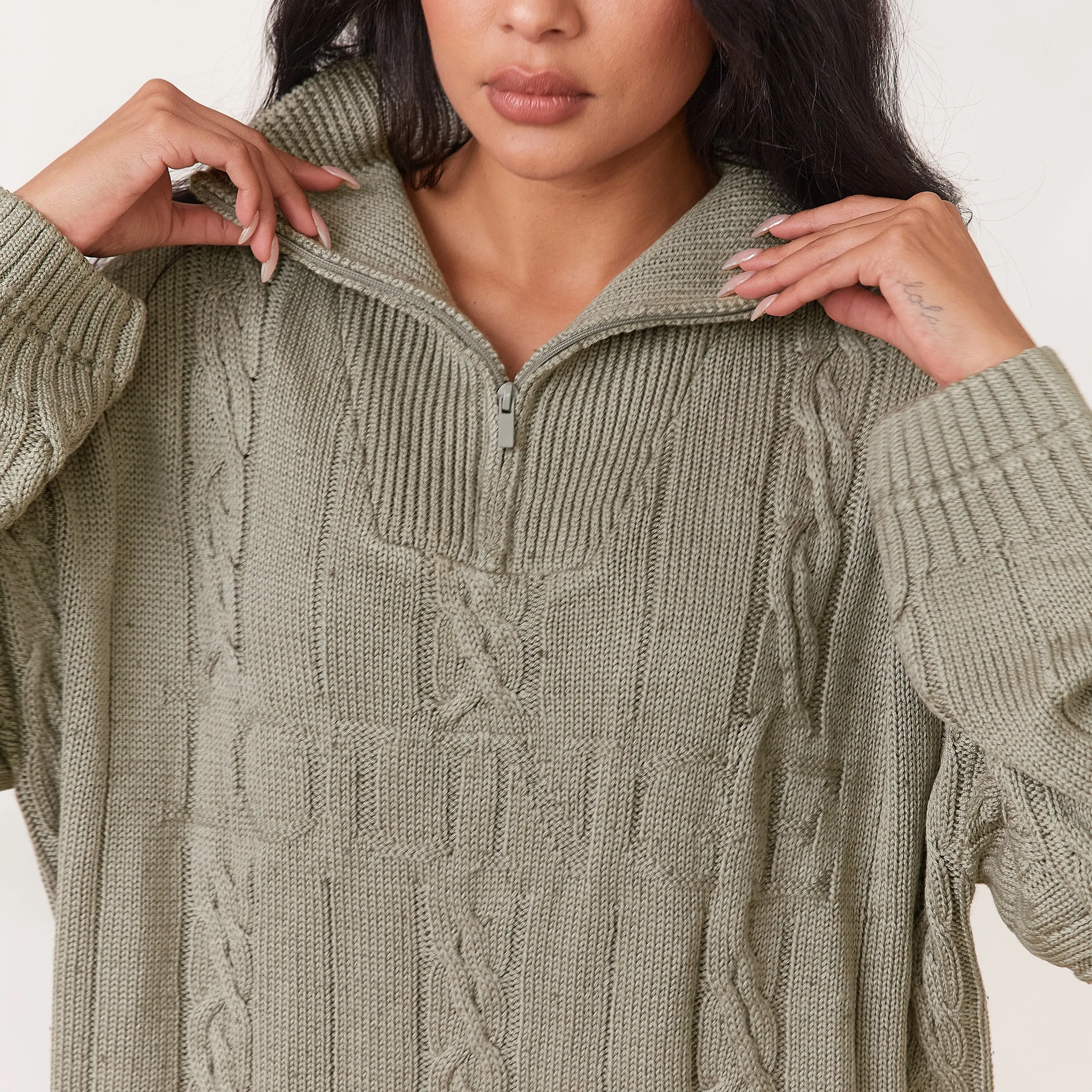 Cozy Knit Quarter Zip Sweater - Sage