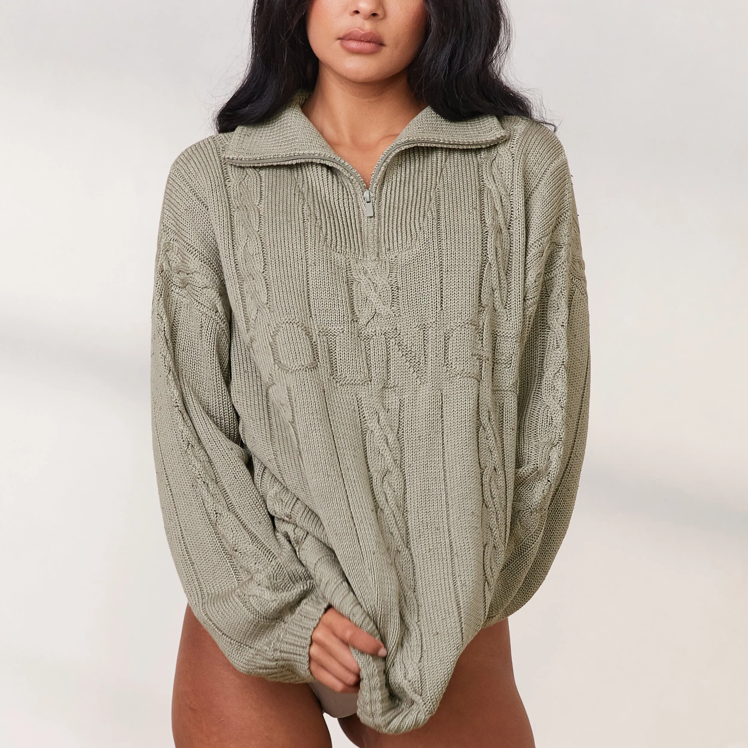 Cozy Knit Quarter Zip Sweater - Sage