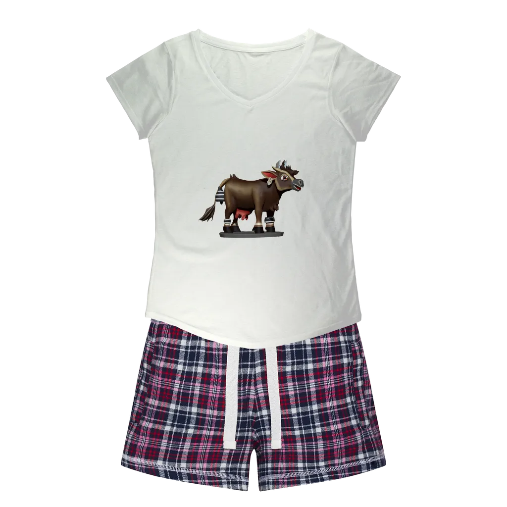 Dark Brown Cow Women's Sleepy Tee and Flannel Short