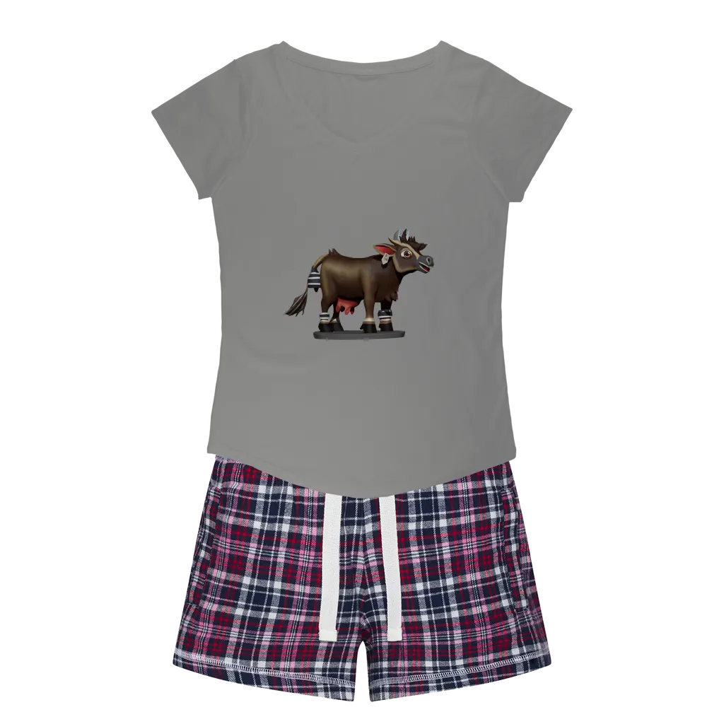 Dark Brown Cow Women's Sleepy Tee and Flannel Short