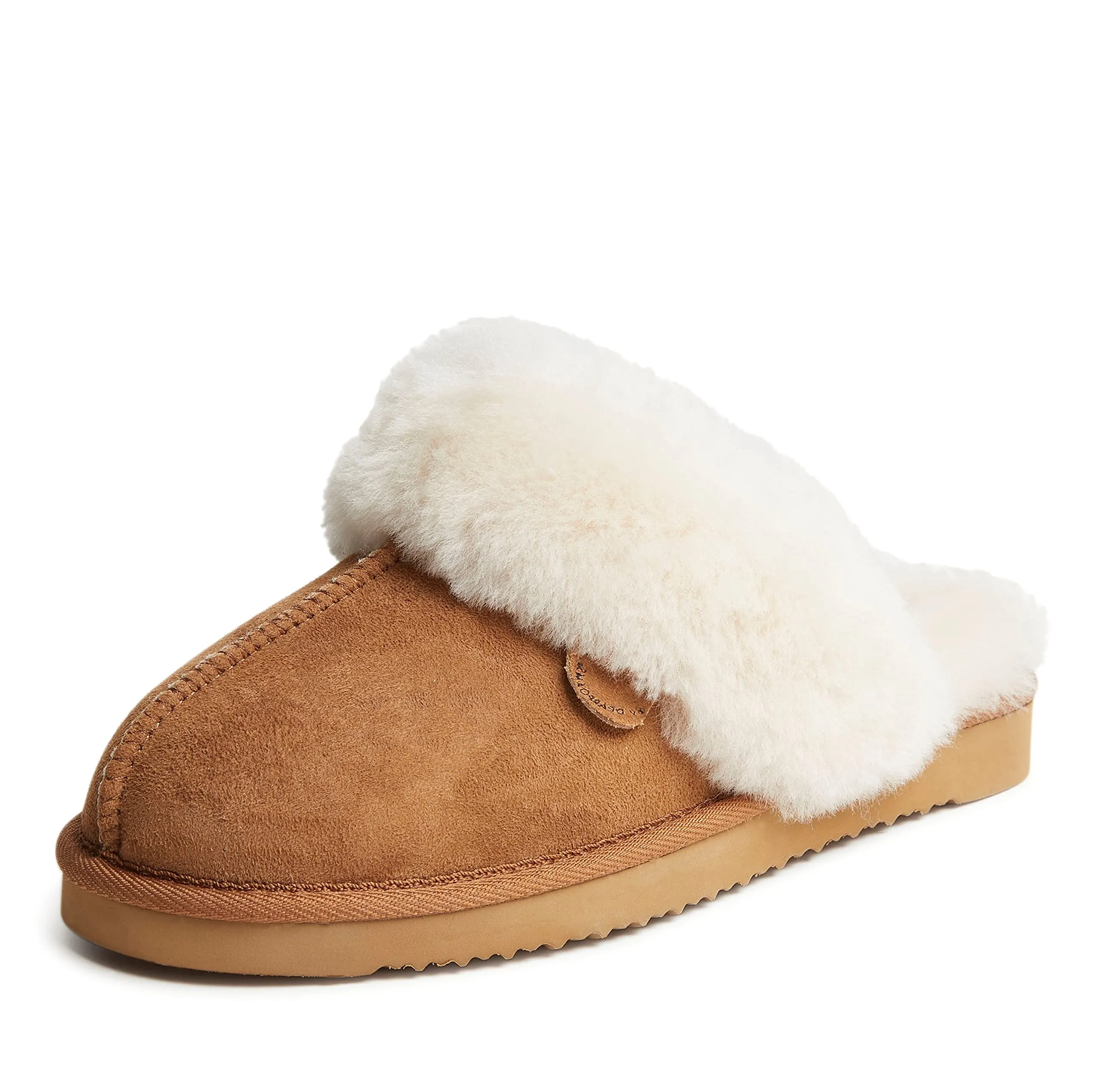 Dearfoams Womens Fireside Sydney Shearling Fur Indoor/Outdoor Scuff With Wide Widths Slipper, Chestnut, 8 US