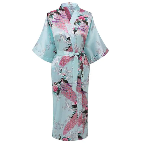 Elegant Long Floral Kimono Womens Robe, Sizes 2 to 18, Floral Lightweight Satin Robes