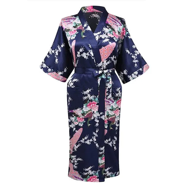 Elegant Long Floral Kimono Womens Robe, Sizes 2 to 18, Floral Lightweight Satin Robes