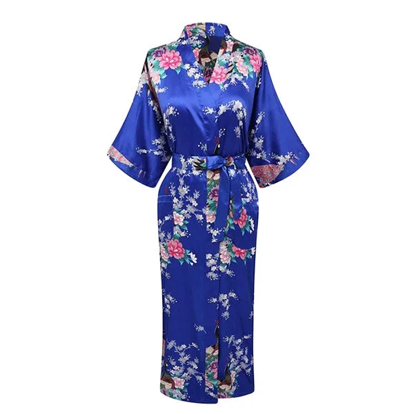 Elegant Long Floral Kimono Womens Robe, Sizes 2 to 18, Floral Lightweight Satin Robes