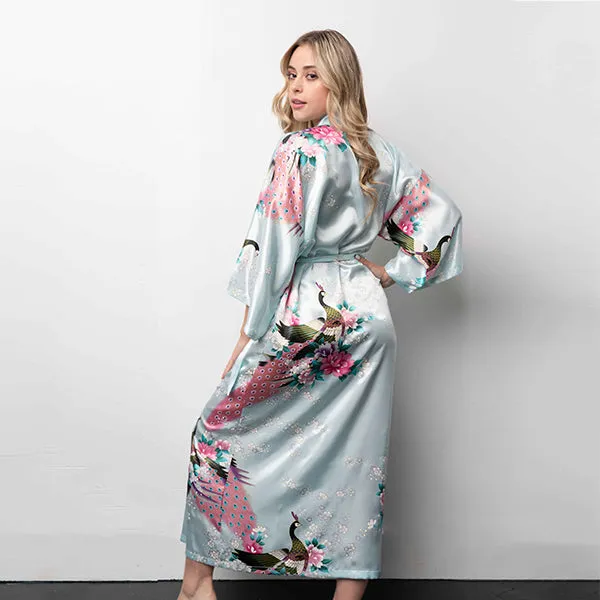 Elegant Long Floral Kimono Womens Robe, Sizes 2 to 18, Floral Lightweight Satin Robes