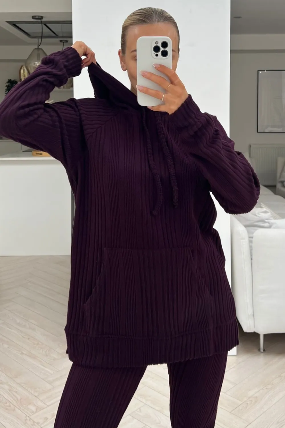 Fifi dark purple hooded ribbed loungewear set