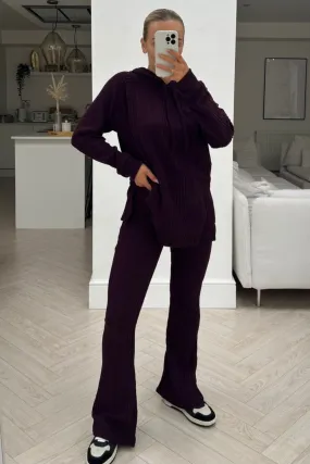 Fifi dark purple hooded ribbed loungewear set