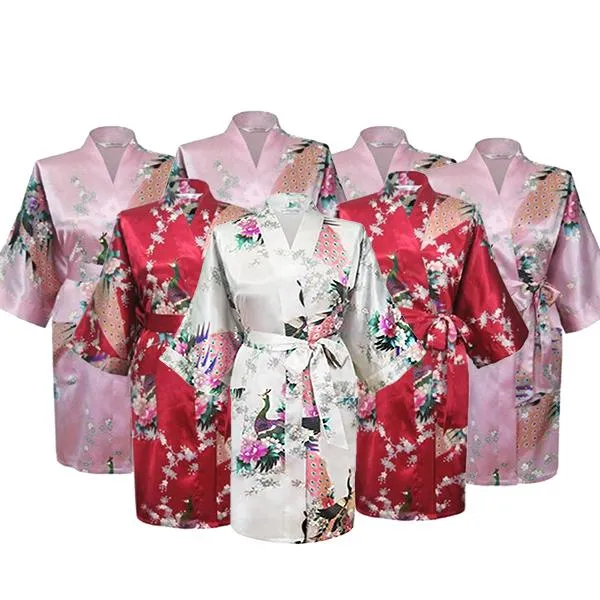 Floral Bride & Bridesmaid Robes, Womens & Child Sizes, Satin Feel, Mid-Length