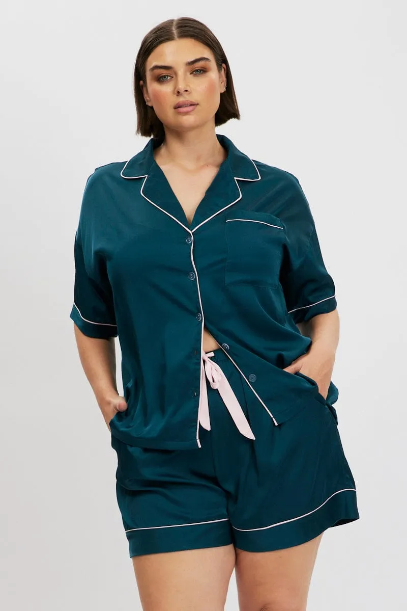 Green Satin Pyjamas Set Short Sleeve