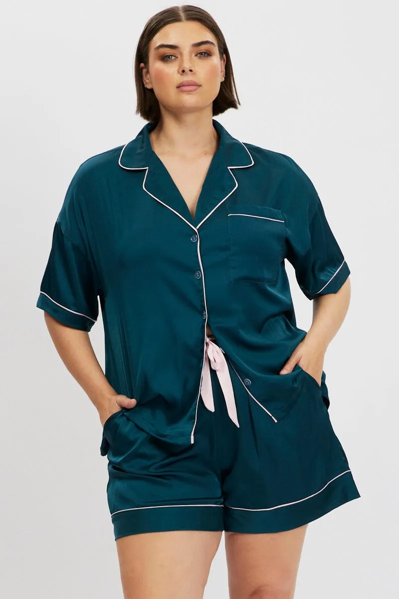 Green Satin Pyjamas Set Short Sleeve