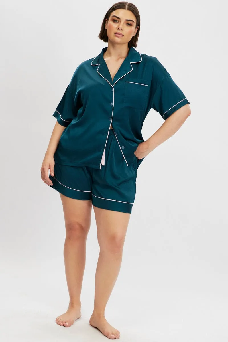 Green Satin Pyjamas Set Short Sleeve