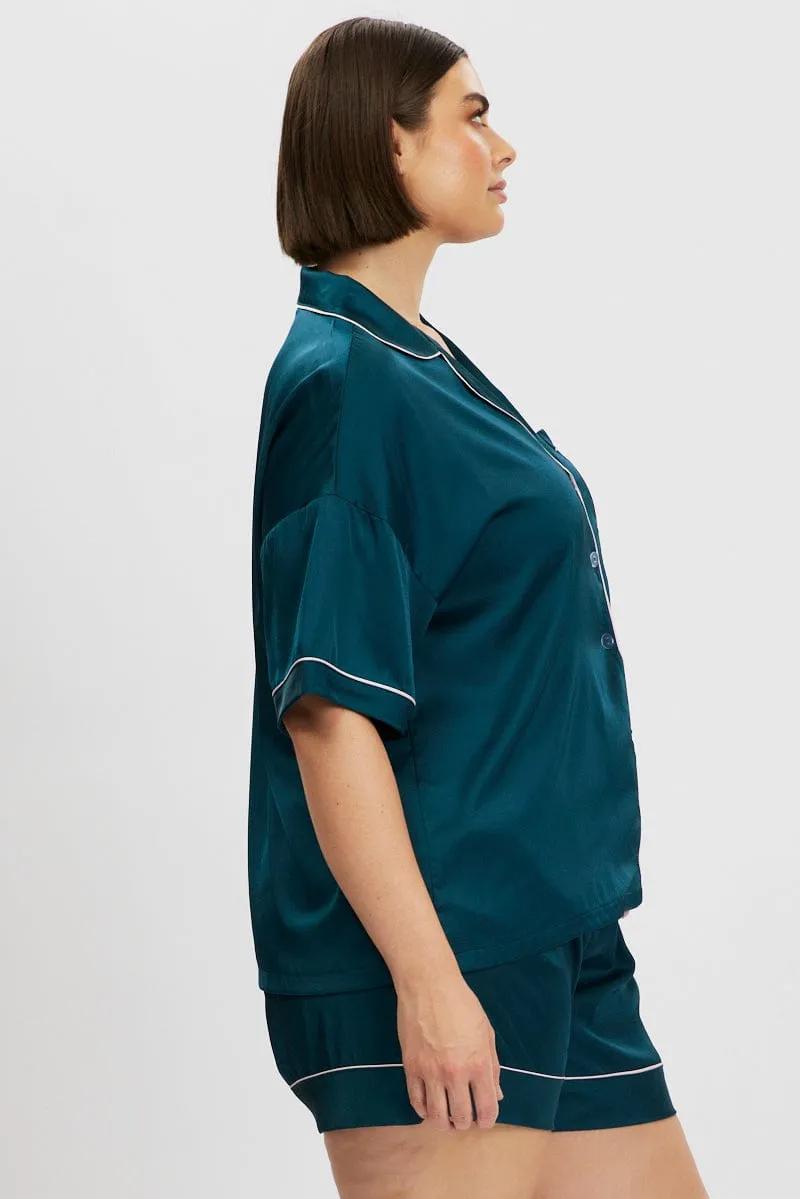 Green Satin Pyjamas Set Short Sleeve