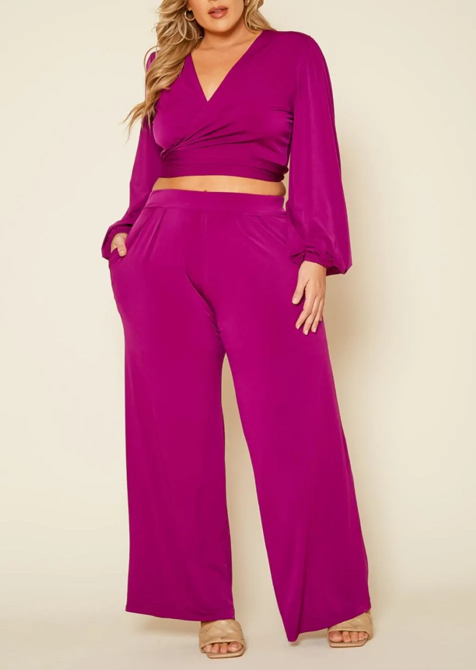 HI Curvy Plus Size Women Wrap Crop Top & Wide Pants Set