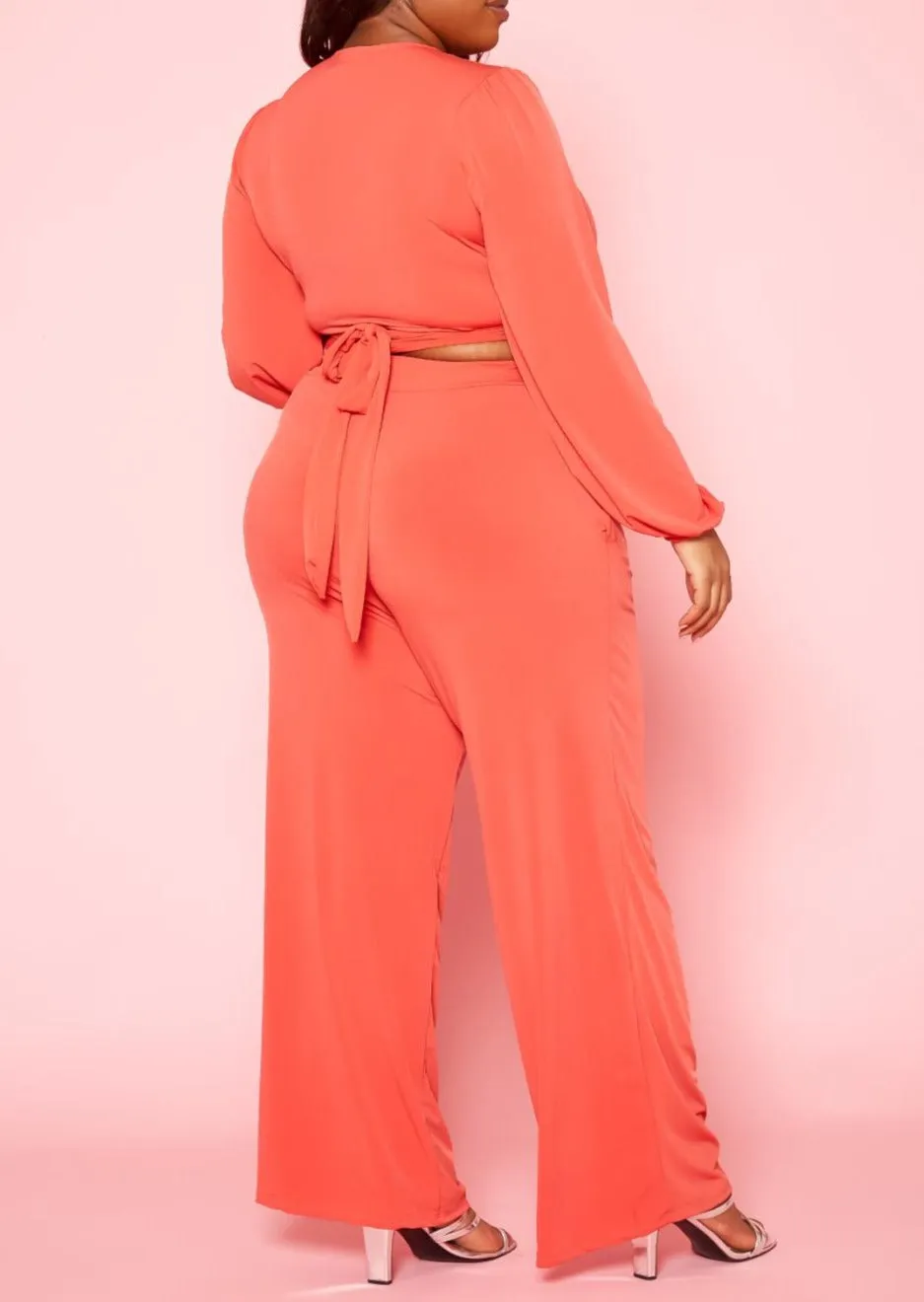 HI Curvy Plus Size Women Wrap Crop Top & Wide Pants Set