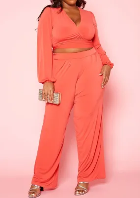 HI Curvy Plus Size Women Wrap Crop Top & Wide Pants Set