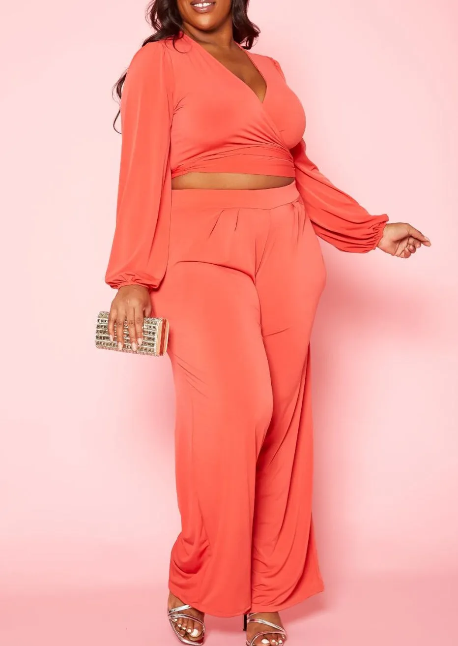 HI Curvy Plus Size Women Wrap Crop Top & Wide Pants Set