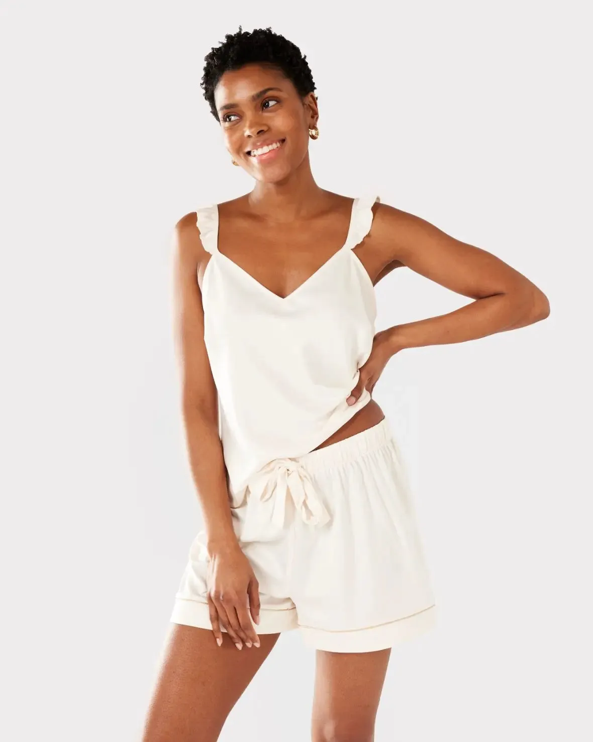 Ivory Satin Frill Trim Cami Short Pyjama Set