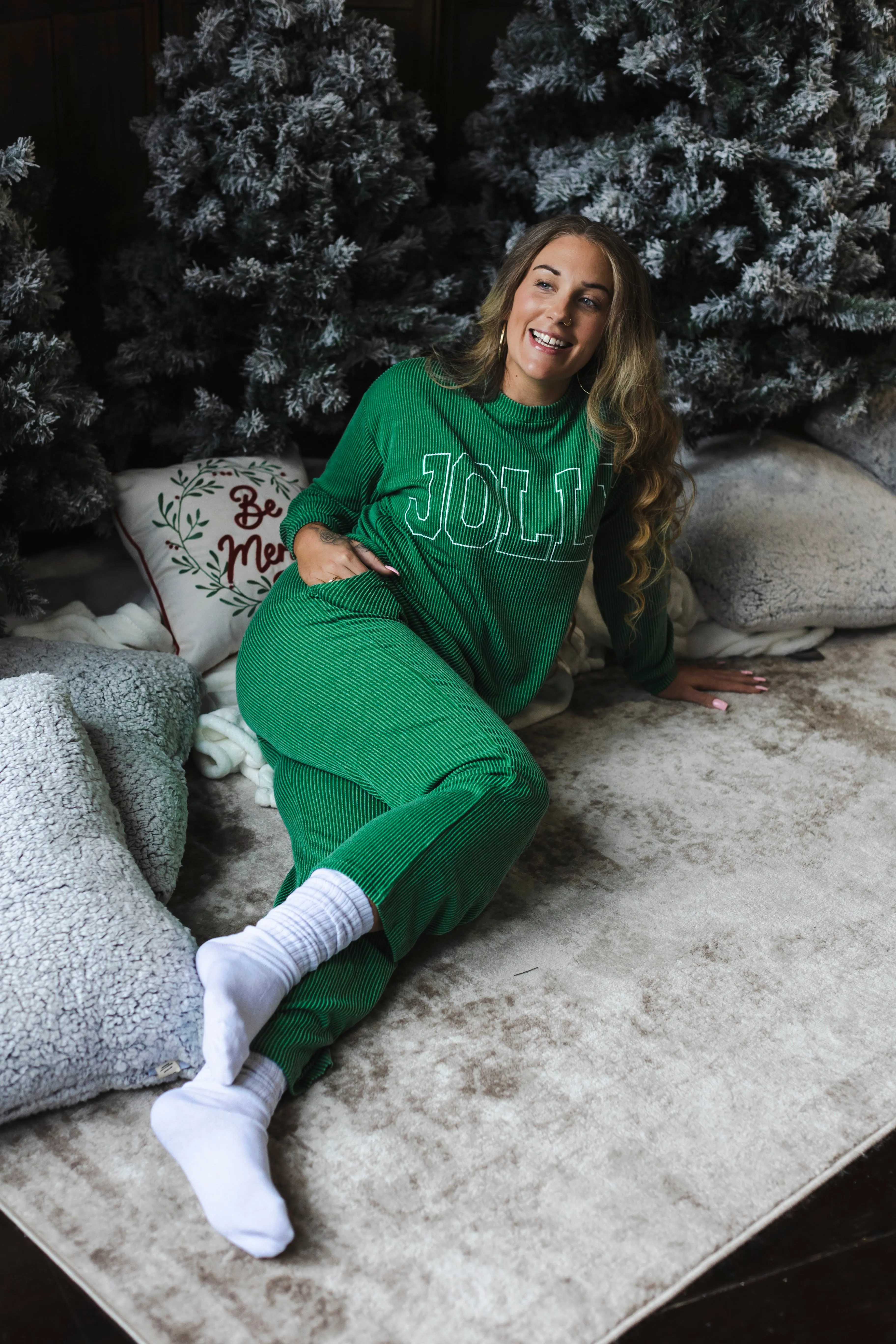 “Jolly” Ribbed Christmas Holiday Long Sleeve Pant Set