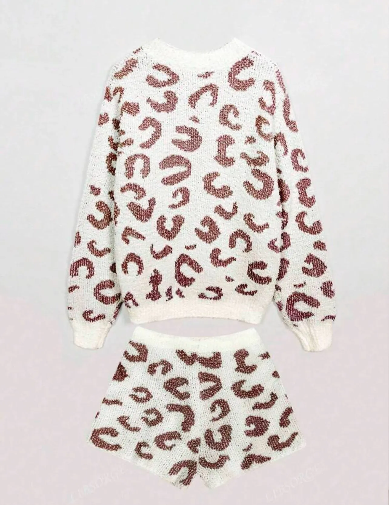 Leopard Print Cozy Plush Lounge Set with Long Sleeve Pullover and Shorts