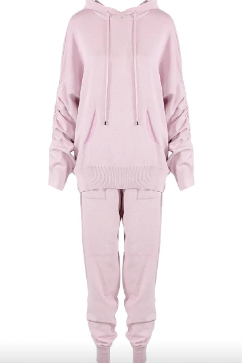 Mareena - Dusky Pink Ruched Hooded Knitted Loungewear Set