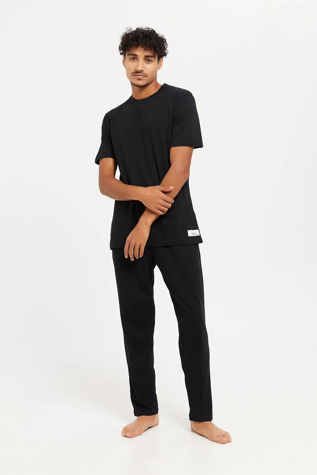 Men Black Plain Nightwear Set (2 Piece)